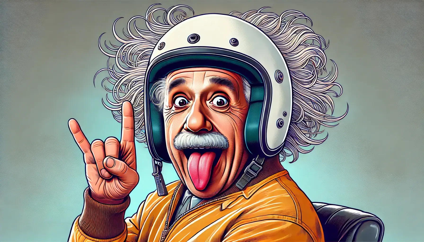 Funny Einstein feeling safe with the helmet.